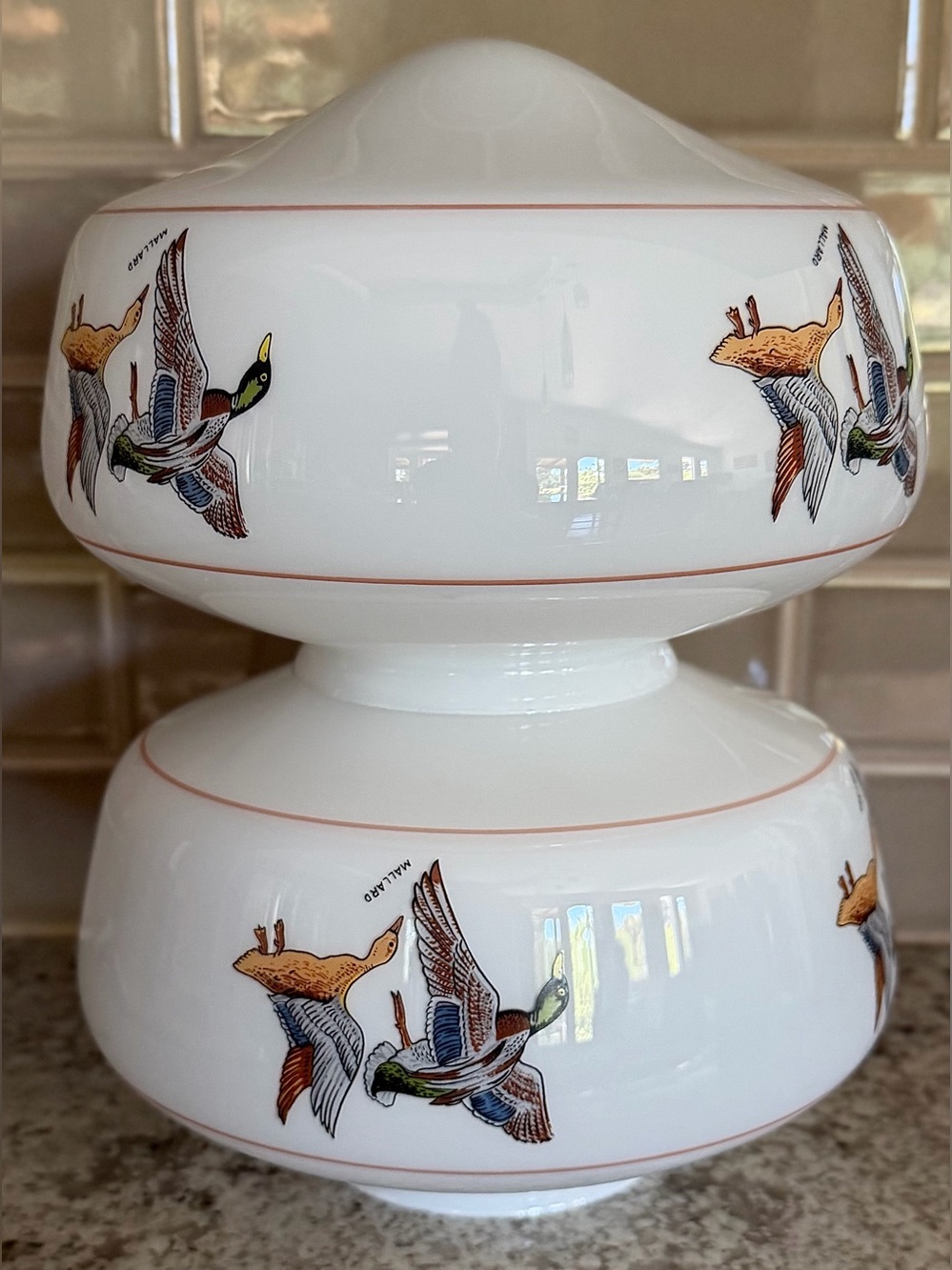 Vintage Milk Glass Hand Painted Mallard Ducks Light Fixture Shade 4'' Fitter - Picture 6 of 7